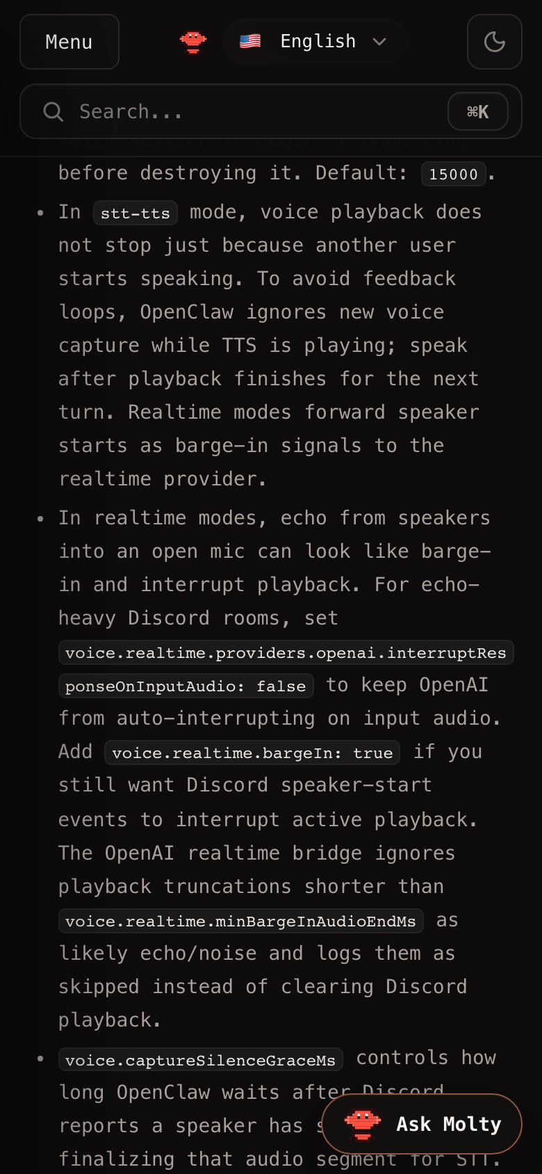 After: Discord docs page stays inside the mobile viewport and wraps the long inline config key
