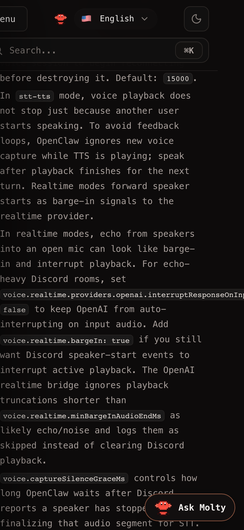 Before: Discord docs page overflows horizontally around a long inline config key